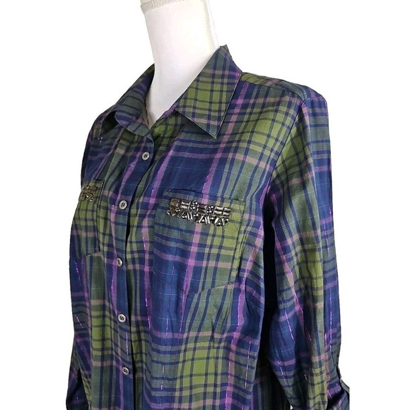 Dressbarn ~Woman Plus Size 1X~ Green/Pink Plaid Button-Up Long Sleeve Shirt Top. - Picture 4 of 9